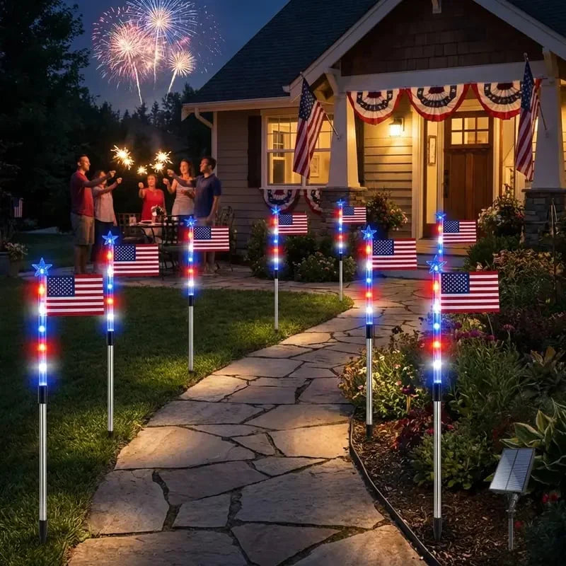 8PCs Solar American Flag Pathway Lights – Red, White & Blue Yard Glow for 250th Independence Celebration US✨