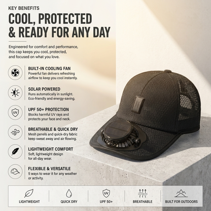 💥 2026 Father's Day 50% OFF ✨ Solar Fan Hat with Built-In Cooling & UPF 50+ Sun Protection