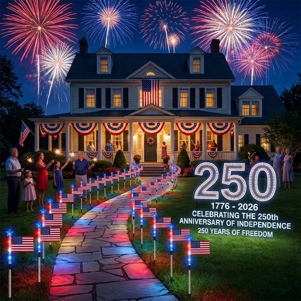 8PCs Solar American Flag Pathway Lights – Red, White & Blue Yard Glow for 250th Independence Celebration US✨