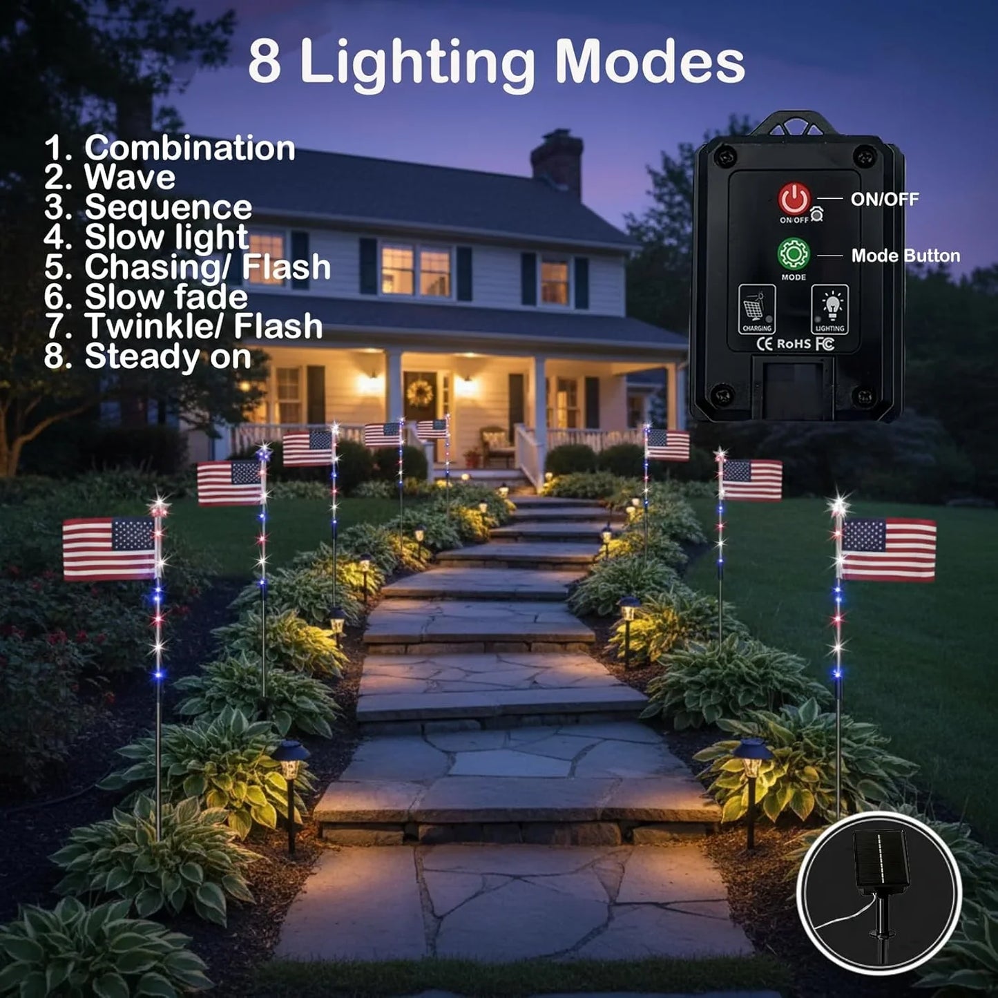 8PCs Solar American Flag Pathway Lights – Red, White & Blue Yard Glow for 250th Independence Celebration US✨