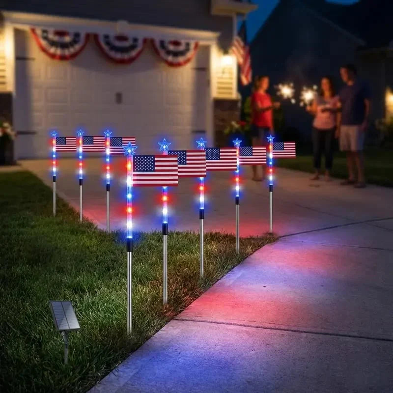 8PCs Solar American Flag Pathway Lights – Red, White & Blue Yard Glow for 250th Independence Celebration US✨