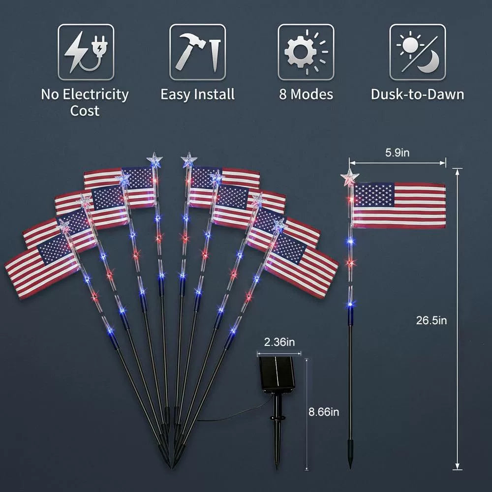 8PCs Solar American Flag Pathway Lights – Red, White & Blue Yard Glow for 250th Independence Celebration US✨