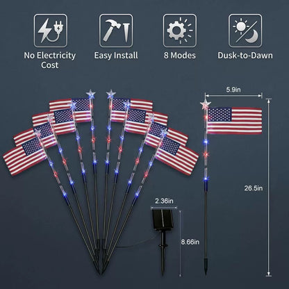 8PCs Solar American Flag Pathway Lights – Red, White & Blue Yard Glow for 250th Independence Celebration US✨