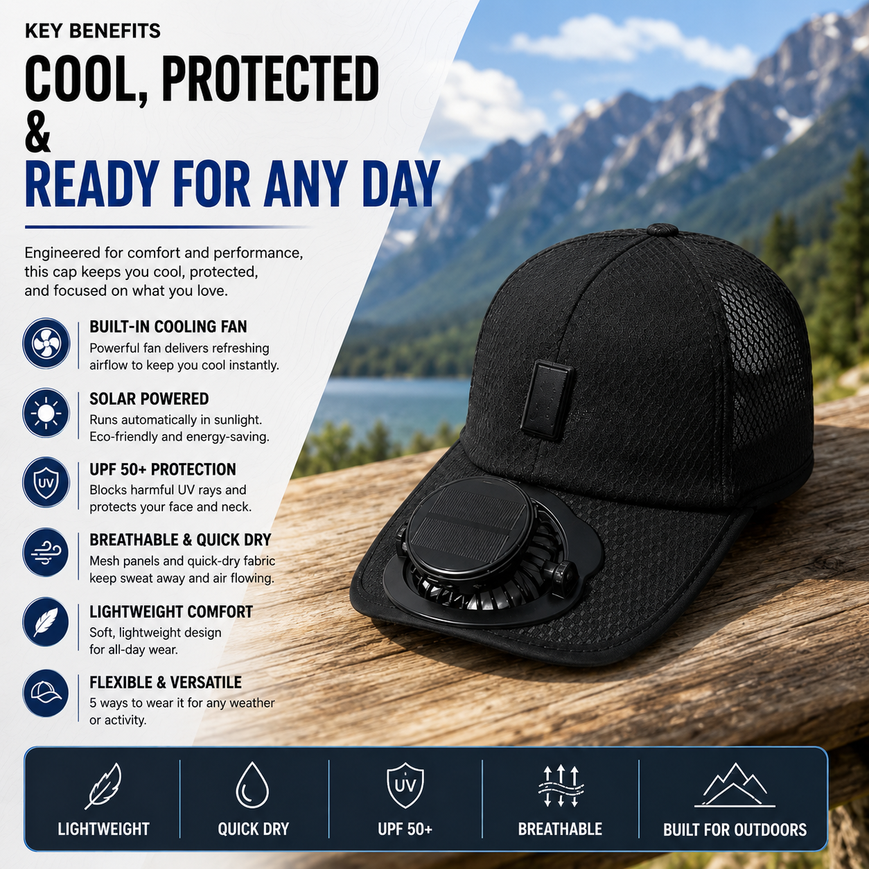 🔥 Summer Sale 50% OFF 🔥 Solar Powered Fan Cooling Hat – UPF 50+ Outdoor Sun Protection Cap